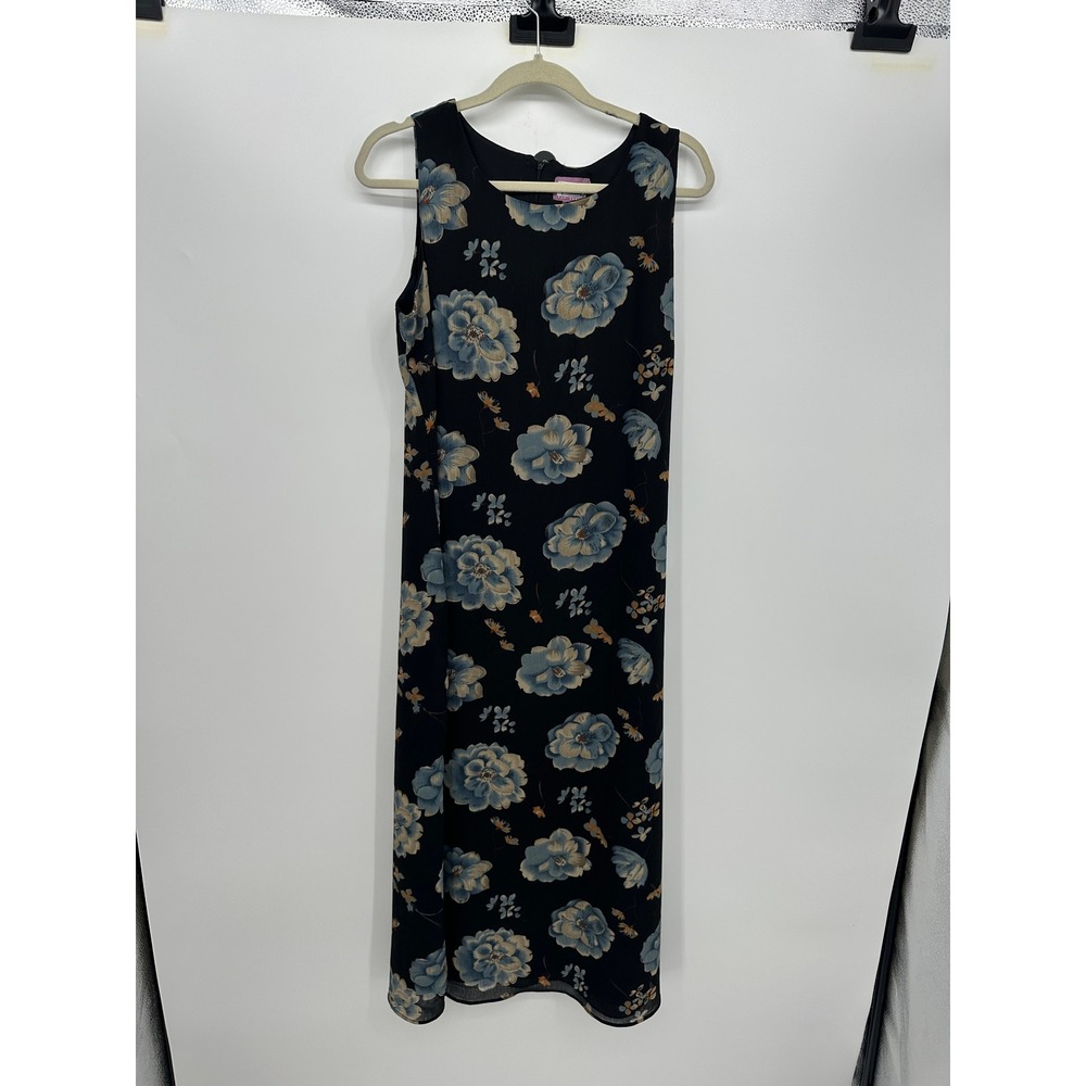 Vintage 90s Floral Maxi Dress Womens L Blue Black Sleeveless Fairy Earthy